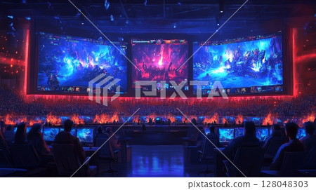 A massive esports arena filled with spectators watching a thrilling video game match displayed on enormous screens A massive esports arena filled with spectators watching a thrilling video game match displayed on enormous screens 128048303