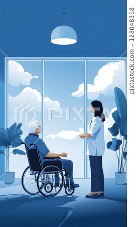 A doctor attentively speaks with a senior man in a wheelchair by a large window in a bright, airy room 128048318