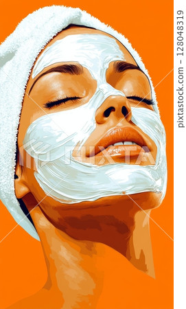 A woman with a creamy face mask enjoys a relaxing beauty treatment, eyes closed in peaceful bliss 128048319