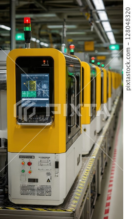 Automated guided vehicles in a factory showcase modern automation and robotics, driving manufacturing advances and efficiency 128048320