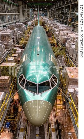 Aerial perspective of an airplane fuselage in a large factory setting, focusing on aviation production and manufacturing inside the industrial building 128048321