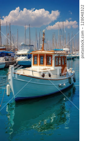 A charming boat rests in the harbor, its reflection shimmering in the turquoise water, while masts of sailboats create a backdrop against a blue sky 128048322