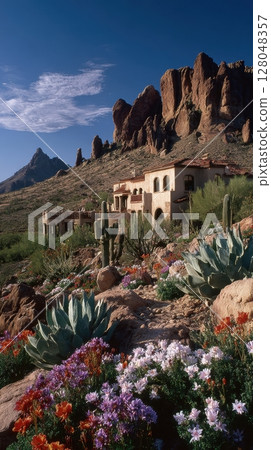 An arid landscape with cacti and colorful desert flora surrounds a Southwest home, nestled against towering rock formations under a clear, bright sky in this outdoor scene An arid landscape with cacti and colorful desert flora surrounds a Southwest home, nestled against towering rock formations under a clear, bright sky in this outdoor scene 128048357