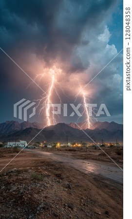 Impressive lightning strikes light up the mountains during a powerful storm, creating a dramatic display of nature's raw energy and the potential of weather Impressive lightning strikes light up the mountains during a powerful storm, creating a dramatic display of nature's raw energy and the potential of weather 128048358