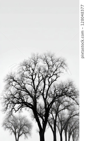 A stark black and white scene portrays a grove of leafless trees, their silhouettes contrasting against a bright sky in a striking display of nature's winter aesthetic 128048377