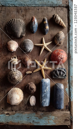 Seashells, starfish, and stones arranged on weathered wood. Rustic, beachy still life, nature and vintage textures 128048387