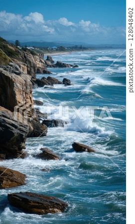 Ocean waves crash against the rocky shore creating sea foam, a beautiful coastal landscape of the beach with a tranquil blue sky, perfect for nature and travel enthusiasts 128048402