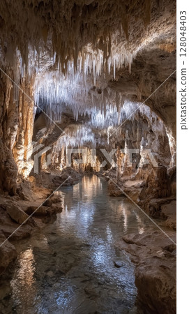 A serene underground river flows through a cave adorned with stalactites and rock formations, creating a breathtaking subterranean landscape 128048403