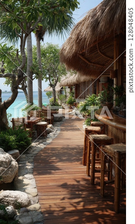 Relaxing at a seaside bar, the wooden path leads to tranquil seating with turquoise ocean views, embodying a serene resort experience 128048405