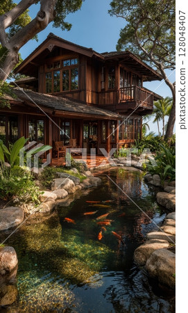 A stunning wooden house is reflected in the tranquil pond with koi fish, evoking a sense of luxury and harmony with nature 128048407