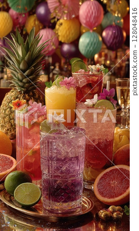 Colorful cocktails with flowers and citrus fruits are garnished and served on a platter. These drinks would be perfect for a party, or summer celebration Colorful cocktails with flowers and citrus fruits are garnished and served on a platter. These drinks would be perfect for a party, or summer celebration 128048416