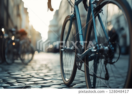 Close up of a bicycle wheel on a cobblestone street with early morning light in a European style city 128048417