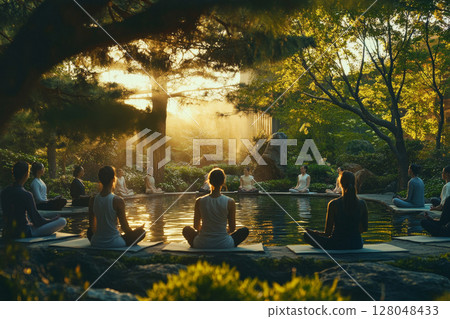 Group yoga session by a serene lake at golden hour, with sunlight filtering through trees creating a magical atmosphere 128048433
