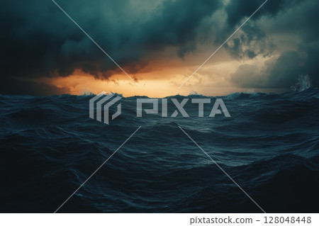 Turbulent ocean waves under fiery sunset sky with ominous storm clouds 128048448