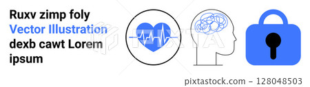 Heartbeat icon, brain illustration, and lock symbol emphasize health and security. Ideal for medical services, mental health, data protection, tech security, wellness programs, educational content 128048503