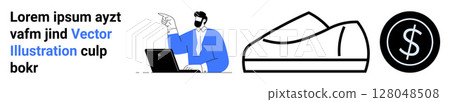 Business person with laptop, modern sneaker design, dollar sign in a circle. Ideal for commerce, e-commerce, retail, sneaker business, financial transactions, online business tools, entrepreneurial Business person with laptop, modern sneaker design, dollar sign in a circle. Ideal for commerce, e-commerce, retail, sneaker business, financial transactions, online business tools, entrepreneurial 128048508