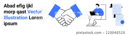 Handshake in blue, a person working on a laptop beside a checklist and file document. Ideal for business partnerships, remote work, contracts, agreements, collaborations, project management Handshake in blue, a person working on a laptop beside a checklist and file document. Ideal for business partnerships, remote work, contracts, agreements, collaborations, project management 128048528