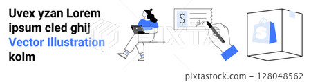 Seated businesswoman using a laptop, hand writing a check, ecommerce package in shipping box. Ideal for ecommerce, finance, remote work, business, digital transactions, shipping, marketing. Landing 128048562