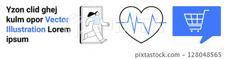 Young woman running out of a smartphone, heartbeat line inside heart, and shopping cart in blue dialogue bubble. Ideal for health, fitness, shopping, online stores, e-commerce, mobile apps, digital Young woman running out of a smartphone, heartbeat line inside heart, and shopping cart in blue dialogue bubble. Ideal for health, fitness, shopping, online stores, e-commerce, mobile apps, digital 128048565