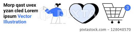 Person pointing right, black heart shape with blue fill, shopping cart with three items. Ideal for e-commerce, online shopping, store, sales, digital marketing, web development, landing page 128048570