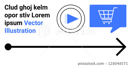 Play button icon, shopping cart symbol in a speech bubble, horizontal black arrow. Ideal for online shopping, e-commerce, navigation, digital marketing, user interface, tutorials, mobile apps Play button icon, shopping cart symbol in a speech bubble, horizontal black arrow. Ideal for online shopping, e-commerce, navigation, digital marketing, user interface, tutorials, mobile apps 128048571