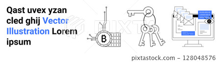 Three keys symbolizing security, computer displaying emails representing data management, and a blockchain-themed bitcoin icon. Ideal for fintech, data security, IT solutions, blockchain, digital 128048576