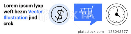 Dollar sign inside a circle, blue shopping cart in a speech bubble, and clock face. Ideal for e-commerce, online shopping, financial services, time management, marketing, business strategy, web Dollar sign inside a circle, blue shopping cart in a speech bubble, and clock face. Ideal for e-commerce, online shopping, financial services, time management, marketing, business strategy, web 128048577