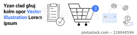 Shopping cart with badge, checklist with a checkmark, credit card transaction, and customer service symbols. Ideal for e-commerce, shopping, online payment, customer support, digital marketplace Shopping cart with badge, checklist with a checkmark, credit card transaction, and customer service symbols. Ideal for e-commerce, shopping, online payment, customer support, digital marketplace 128048594