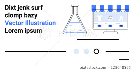 Laboratory flask with blue liquid, online shopping screen with clothes, and text elements in different fonts. Ideal for e-commerce, science, innovation, retail, laboratory, marketing, and graphic 128048595