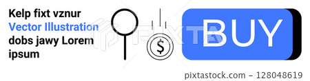 Magnifying glass, falling dollar coin, blue rectangular Buy button. Ideal for e-commerce, online shopping, retail, marketing, sales, digital transactions. Landing page 128048619