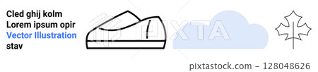 Black line art shoe design, blue cloud, and leaf outline. Ideal for minimalist designs, fashion, nature, weather presentations, and modern themes. Suitable for digital media. Marketing collateral 128048626