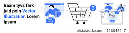 Shopper with cashback notification, empty shopping cart, checkout page display. Ideal for e-commerce, cashback promotions, online retail, shopping apps, payment gateways, digital marketing, UIUX 128048647