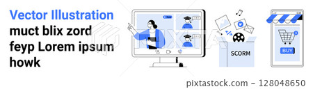 Computer screen with virtual class, SCORM package with files and video, e-commerce mobile app with BUY button. Ideal for online education, eLearning, digital shopping, SCORM courses, virtual 128048650