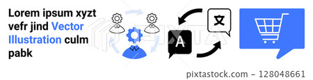 Translation icons with text bubbles, language symbols, and shopping cart highlight multilingual support, e-commerce, and technology. Ideal for online retail, language services, global business, UX 128048661