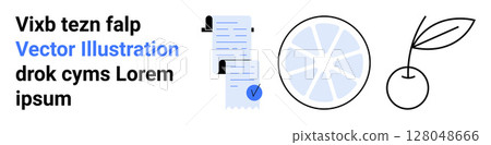 Documents, citrus slice, cherry with leaves, and placeholder text. Ideal for business, food, education, marketing, technology, branding social media Landing page 128048666