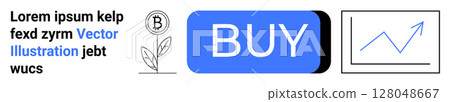 Bitcoin symbol on a plant, blue buy button, upward graph arrow in black frame. Ideal for fintech, crypto investment, ecommerce, stock market growth, trading strategies, digital transactions. Landing Bitcoin symbol on a plant, blue buy button, upward graph arrow in black frame. Ideal for fintech, crypto investment, ecommerce, stock market growth, trading strategies, digital transactions. Landing 128048667