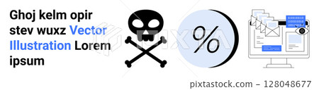Skull and crossbones, percentage symbol, computer screen with documents and folders flying. Ideal for cybersecurity, finance, education, e-learning, business presentations, website design, landing 128048677
