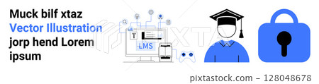 Student cap symbolizing graduation, device with LMS interface, and lock illustrating security. Ideal for online education, e-learning, academic content, school websites, cybersecurity, tech ads 128048678