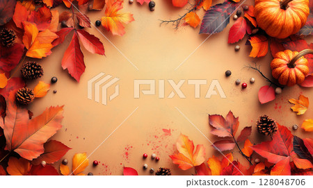 Autumn composition with colorful fallen leaves, pumpkins, pinecones, and nuts on warm background, creating seasonal frame with empty center space. 128048706