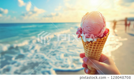Hand holding pink ice cream cone with melting scoops against sunny beach and ocean waves background. Refreshing summer treat with seaside vibe. 128048708