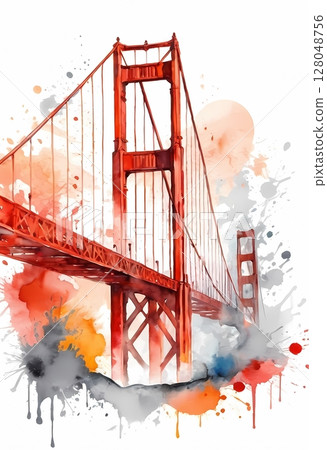Golden Gate Bridge watercolor graffiti style on white background, perfect for t-shirt prints, wall art, posters Golden Gate Bridge watercolor graffiti style on white background, perfect for t-shirt prints, wall art, posters 128048756