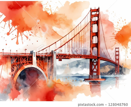 Golden Gate Bridge watercolor graffiti style on white background, perfect for t-shirt prints, wall art, posters 128048760