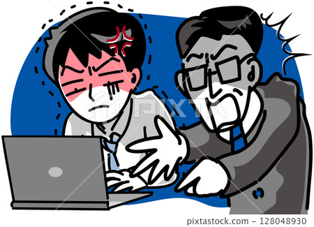 向量圖：一名新員工被中年老闆責罵後很生氣 128048930