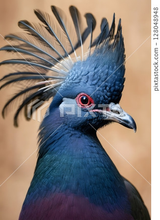 Victoria Crowned Pigeon Close-Up Exotic Bird with Royal Plumage. Perfect for use in wildlife, nature, editorials, print. 128048948