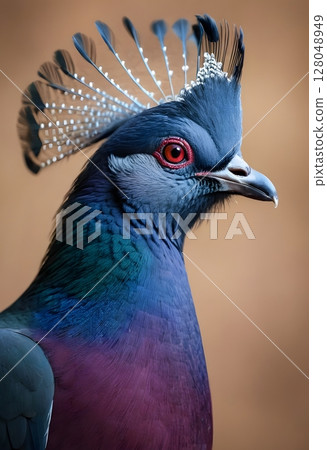Victoria Crowned Pigeon Close-Up Exotic Bird with Royal Plumage. Perfect for use in wildlife, nature, editorials, print. 128048949