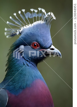 Victoria Crowned Pigeon Close-Up Exotic Bird with Royal Plumage. Perfect for use in wildlife, nature, editorials, print. 128048951