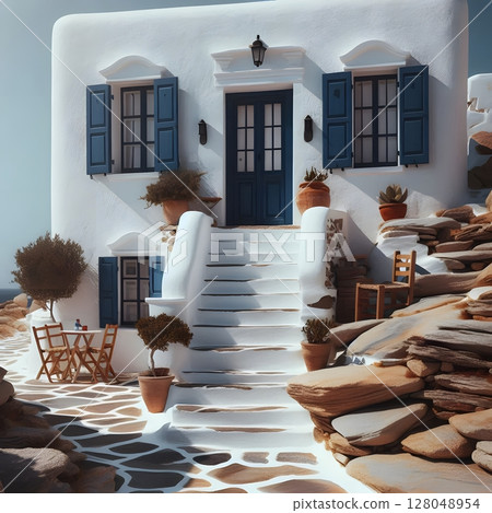 Traditional White House with Blue Doors on a Greek Island. deal for use in travel blogs, Mediterranean tourism brochures 128048954