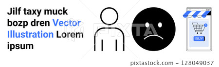 Stick figure and sad face emotion expressing frustration with online shopping cart store interface and buy button. Ideal for user experience, e-commerce, emotion, web design, marketing, tech issues 128049037