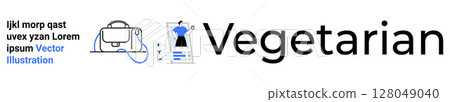 Chef with hat and kitchen utensils next to large text Vegetarian in modern design. Ideal for health blogs, recipe sites, restaurant branding, menus, dietary guides, wellness programs, cooking 128049040