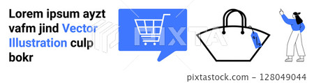Cart icon inside blue speech bubble, large handbag with price tag, silhouette of person pointing and holding item. Ideal for e-commerce, retail, marketing, sales promotions, online stores, digital Cart icon inside blue speech bubble, large handbag with price tag, silhouette of person pointing and holding item. Ideal for e-commerce, retail, marketing, sales promotions, online stores, digital 128049044
